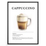Indlæs billede til gallerivisning Illustrated Cappuccino recipe poster with espresso, steamed milk, and milk foam in a clear glass cup.
