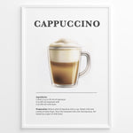 Indlæs billede til gallerivisning Illustrated Cappuccino recipe poster with espresso, steamed milk, and milk foam in a clear glass cup.
