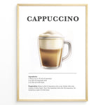 Indlæs billede til gallerivisning Illustrated Cappuccino recipe poster with espresso, steamed milk, and milk foam in a clear glass cup.
