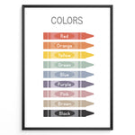 Indlæs billede til gallerivisning Educational poster showing colorful crayons labeled with color names including red, orange, yellow, green, blue, purple, pink, brown, and black, framed as children’s learning wall art.
