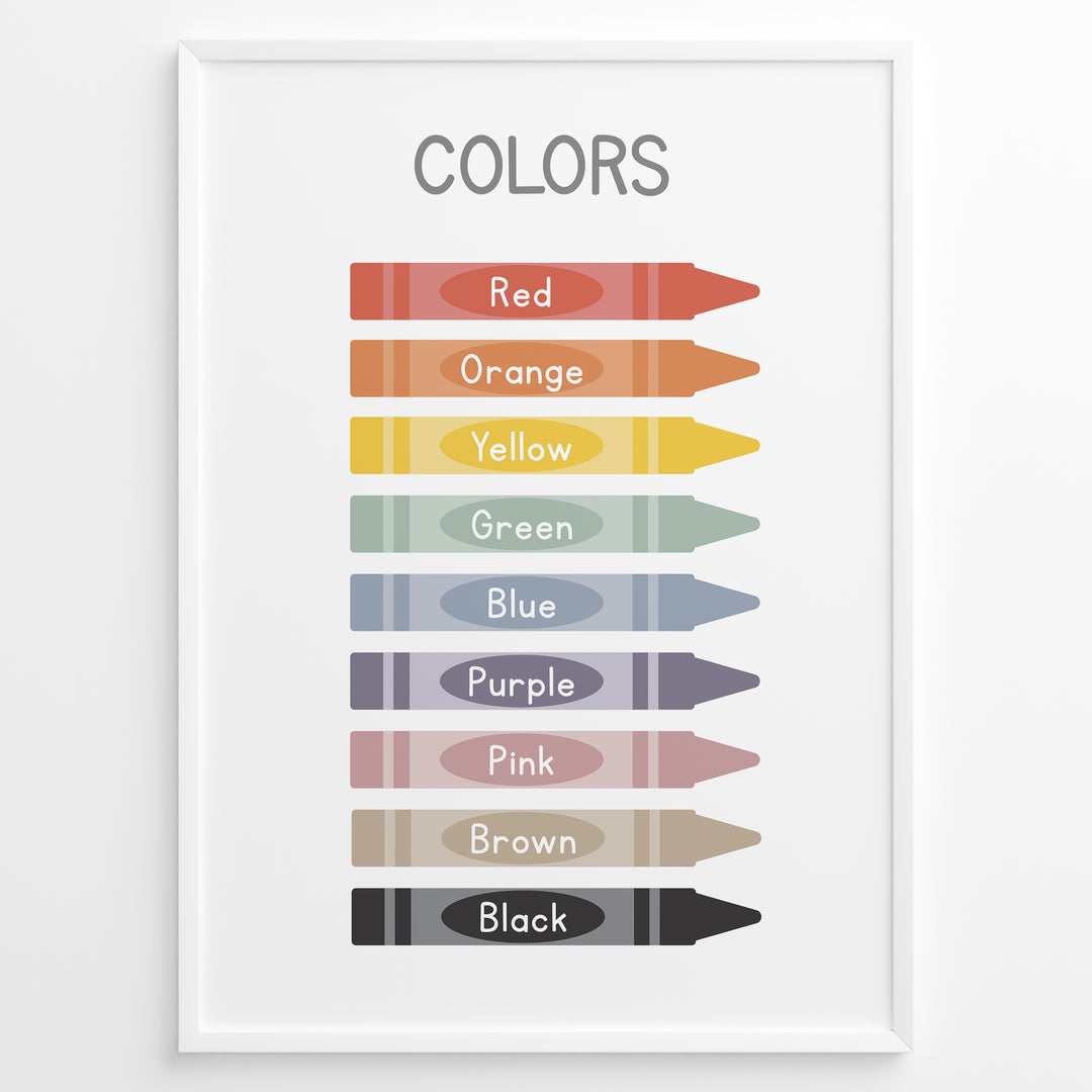 Educational poster showing colorful crayons labeled with color names including red, orange, yellow, green, blue, purple, pink, brown, and black, framed as children’s learning wall art.
