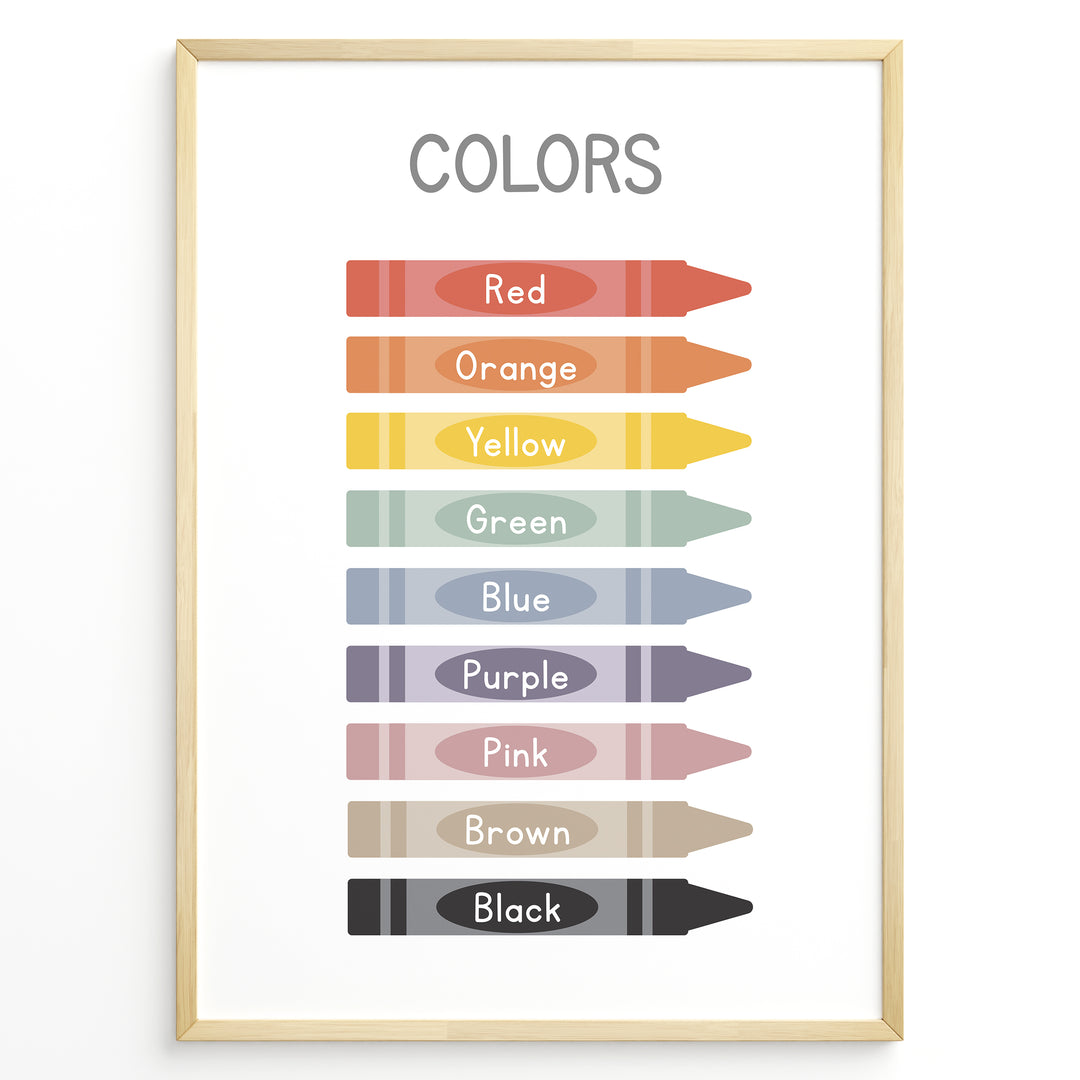 Educational poster showing colorful crayons labeled with color names including red, orange, yellow, green, blue, purple, pink, brown, and black, framed as children’s learning wall art.