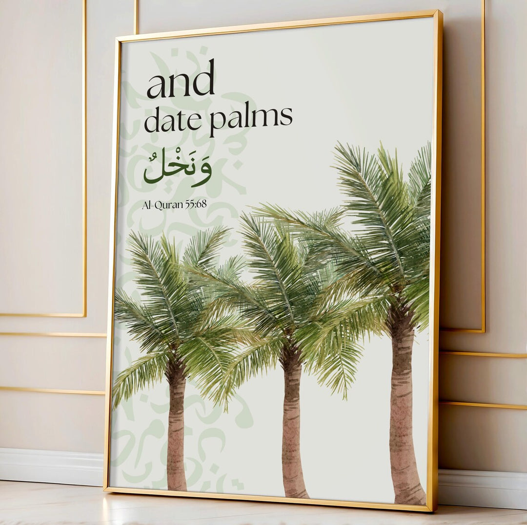dadelpalmer inspireret af Koranen. Moderne botanisk vægkunst med kulturel inspiration og hurtig levering hos Plakaty.dk.