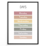Indlæs billede til gallerivisning Pastel-colored days-of-the-week poster showing Monday through Sunday in soft color blocks, framed as children’s educational wall art.

