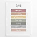 Indlæs billede til gallerivisning Pastel-colored days-of-the-week poster showing Monday through Sunday in soft color blocks, framed as children’s educational wall art.
