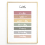 Indlæs billede til gallerivisning Pastel-colored days-of-the-week poster showing Monday through Sunday in soft color blocks, framed as children’s educational wall art.
