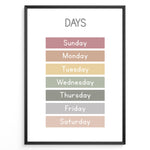 Indlæs billede til gallerivisning Pastel-colored days-of-the-week poster showing Sunday to Saturday in soft color blocks, framed as children’s educational wall art.
