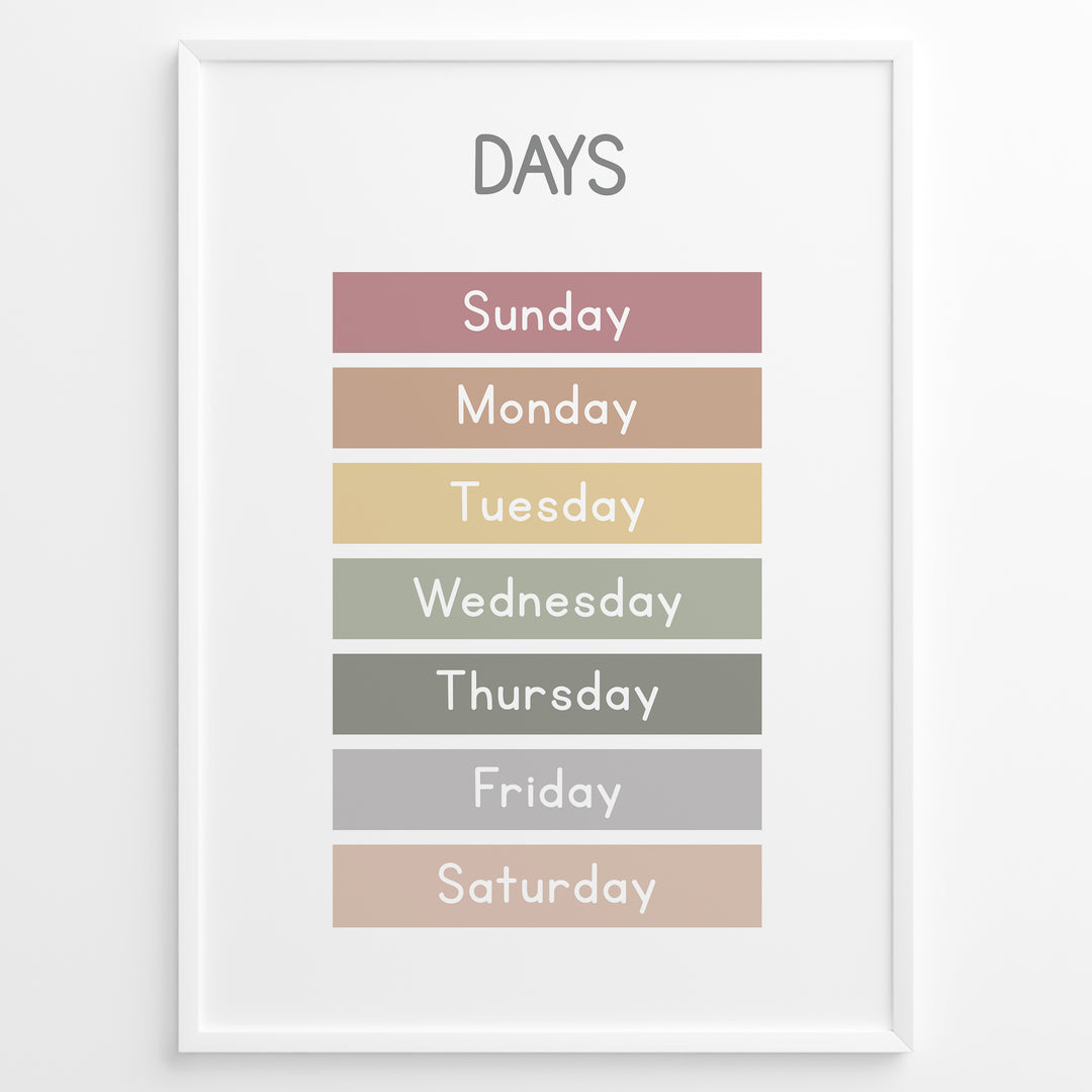 Pastel-colored days-of-the-week poster showing Sunday to Saturday in soft color blocks, framed as children’s educational wall art.