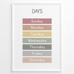 Indlæs billede til gallerivisning Pastel-colored days-of-the-week poster showing Sunday to Saturday in soft color blocks, framed as children’s educational wall art.
