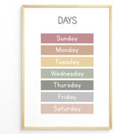 Indlæs billede til gallerivisning Pastel-colored days-of-the-week poster showing Sunday to Saturday in soft color blocks, framed as children’s educational wall art.
