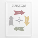 Indlæs billede til gallerivisning Educational poster with pastel arrows labeled Up, Down, Left, and Right around a small compass icon, framed as children’s learning wall art.
