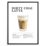 Indlæs billede til gallerivisning Illustrated Dirty Chai Latte recipe poster with chai tea, steamed milk, and espresso.

