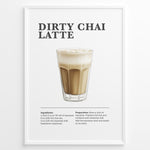 Indlæs billede til gallerivisning Illustrated Dirty Chai Latte recipe poster with chai tea, steamed milk, and espresso.
