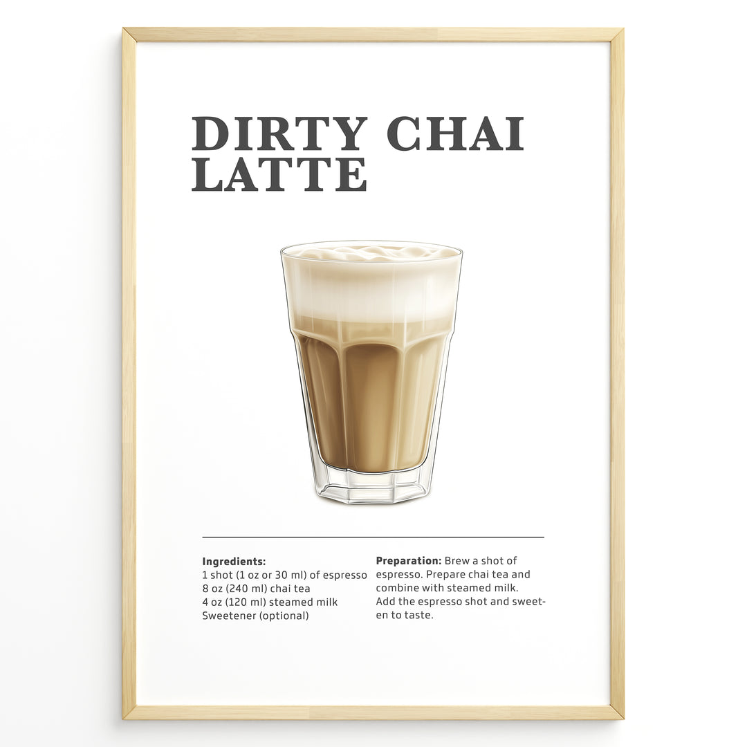 Illustrated Dirty Chai Latte recipe poster with chai tea, steamed milk, and espresso.