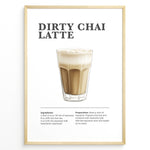 Indlæs billede til gallerivisning Illustrated Dirty Chai Latte recipe poster with chai tea, steamed milk, and espresso.
