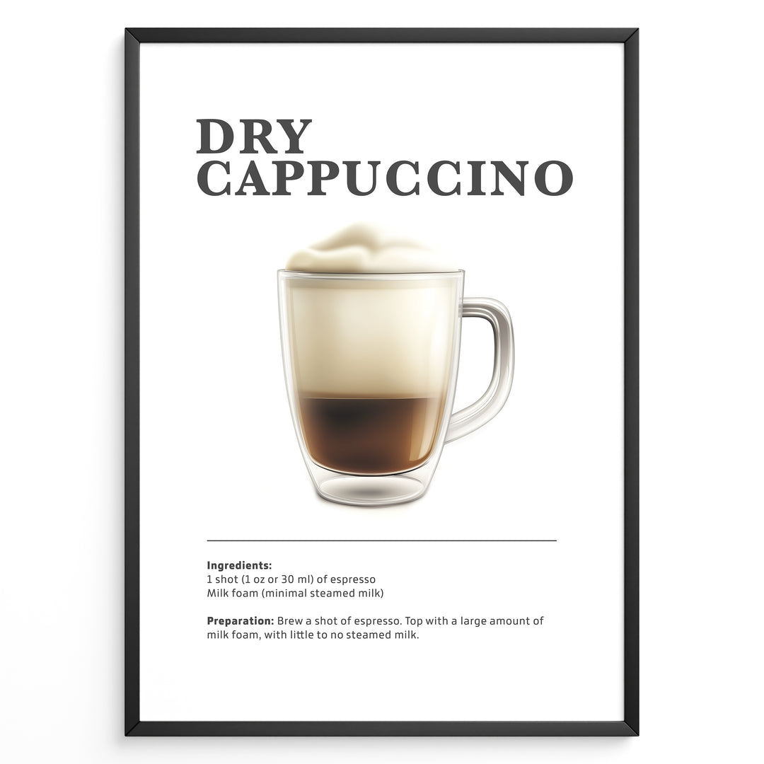 Illustrated Dry Cappuccino recipe poster with espresso topped with thick milk foam in a clear cup.