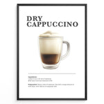 Indlæs billede til gallerivisning Illustrated Dry Cappuccino recipe poster with espresso topped with thick milk foam in a clear cup.
