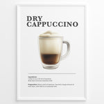 Indlæs billede til gallerivisning Illustrated Dry Cappuccino recipe poster with espresso topped with thick milk foam in a clear cup.
