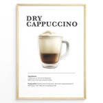 Indlæs billede til gallerivisning Illustrated Dry Cappuccino recipe poster with espresso topped with thick milk foam in a clear cup.
