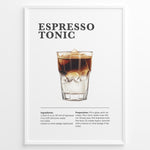 Indlæs billede til gallerivisning Espresso Tonic recipe poster with layered espresso over tonic water in a glass with ice.
