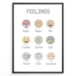 Indlæs billede til gallerivisning Educational poster with illustrated emotion faces labeled Angry, Happy, Silly, Excited, Scared, Sad, Bored, Calm, and Surprised, framed as kids’ feelings chart wall art.
