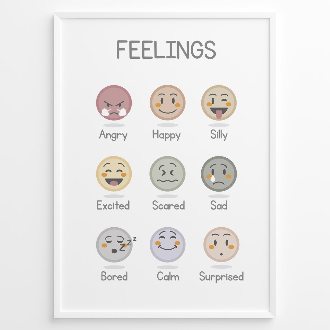 Educational poster with illustrated emotion faces labeled Angry, Happy, Silly, Excited, Scared, Sad, Bored, Calm, and Surprised, framed as kids’ feelings chart wall art.