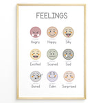 Indlæs billede til gallerivisning Educational poster with illustrated emotion faces labeled Angry, Happy, Silly, Excited, Scared, Sad, Bored, Calm, and Surprised, framed as kids’ feelings chart wall art.
