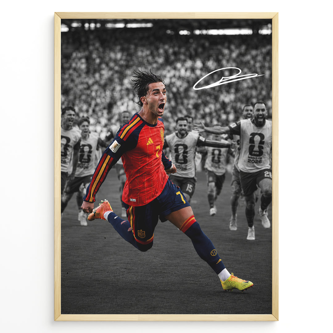 Ferran Torres plakat med Spanien landsholdstrøje under VM 2026 i moderne sort-hvid og farvedesign
