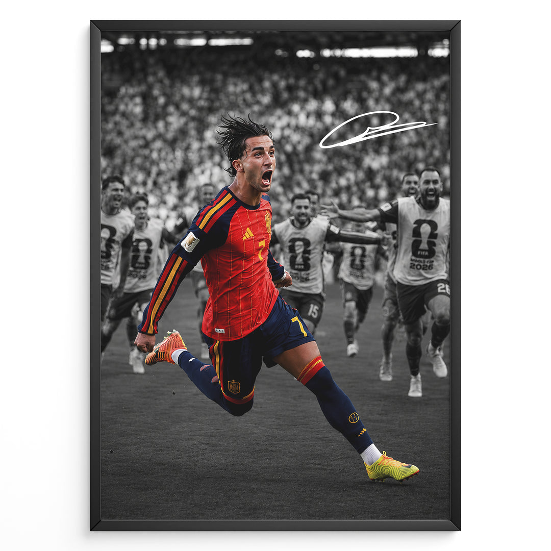 Ferran Torres plakat med Spanien landsholdstrøje under VM 2026 i moderne sort-hvid og farvedesign