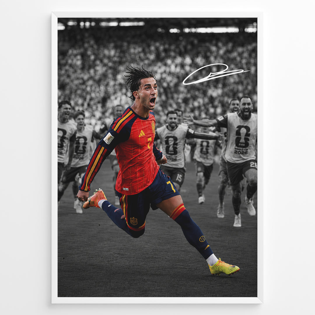 Ferran Torres plakat med Spanien landsholdstrøje under VM 2026 i moderne sort-hvid og farvedesign