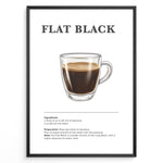 Indlæs billede til gallerivisning Flat Black coffee recipe poster with a clear glass cup of espresso and hot water.
