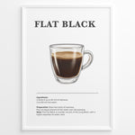 Indlæs billede til gallerivisning Flat Black coffee recipe poster with a clear glass cup of espresso and hot water.
