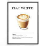 Indlæs billede til gallerivisning Flat White coffee recipe poster with a glass cup of espresso and microfoam latte art.
