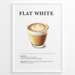 Indlæs billede til gallerivisning Flat White coffee recipe poster with a glass cup of espresso and microfoam latte art.
