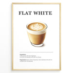 Indlæs billede til gallerivisning Flat White coffee recipe poster with a glass cup of espresso and microfoam latte art.
