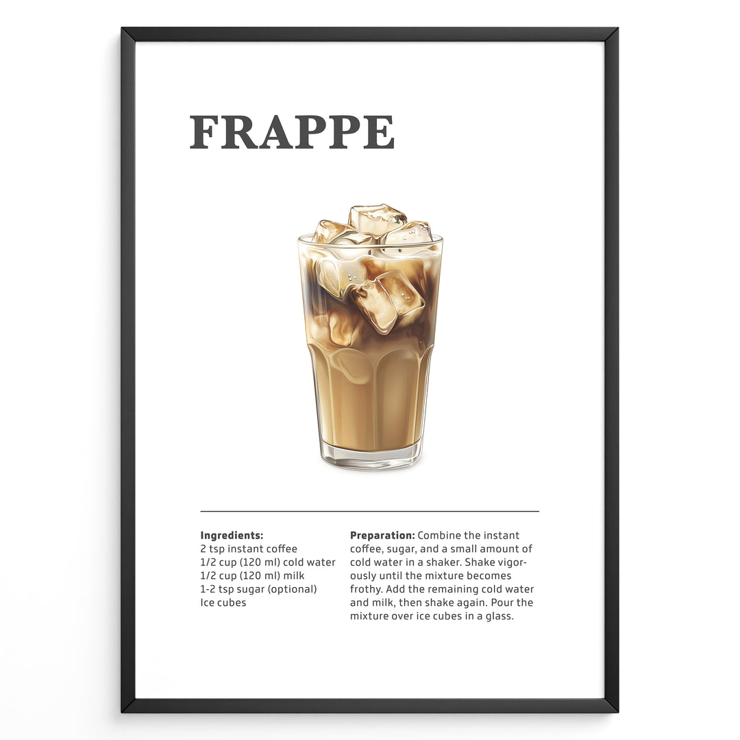 Frappe iced coffee recipe poster with a tall glass filled with ice and milk coffee.