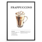 Indlæs billede til gallerivisning Frappuccino recipe poster with a glass mug of blended iced coffee topped with whipped cream.
