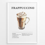 Indlæs billede til gallerivisning Frappuccino recipe poster with a glass mug of blended iced coffee topped with whipped cream.
