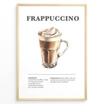Indlæs billede til gallerivisning Frappuccino recipe poster with a glass mug of blended iced coffee topped with whipped cream.
