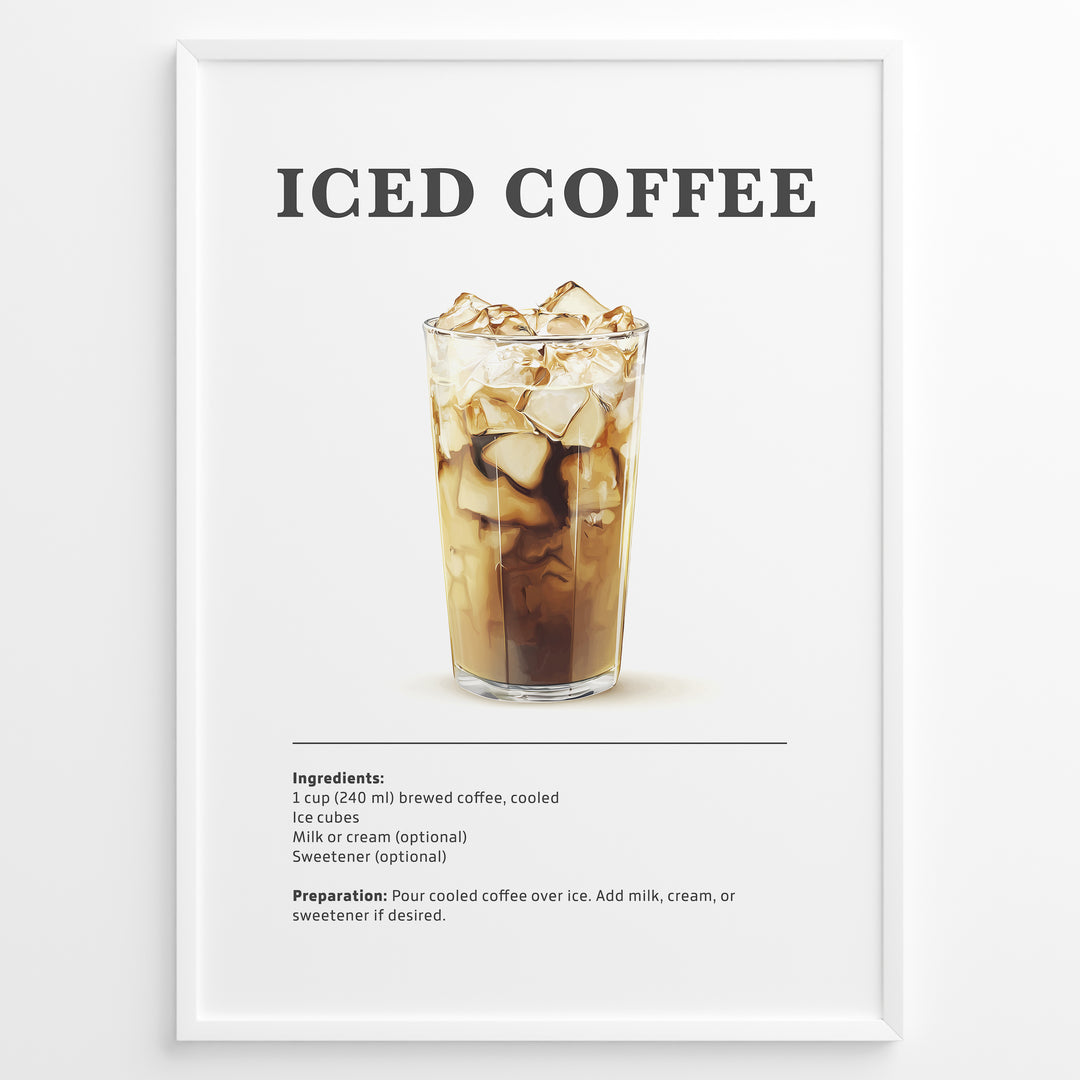 Iced coffee recipe poster with a tall glass of iced brewed coffee.
