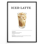 Indlæs billede til gallerivisning Iced latte recipe poster with a glass of iced espresso and milk.
