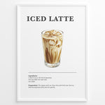 Indlæs billede til gallerivisning Iced latte recipe poster with a glass of iced espresso and milk.
