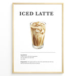 Indlæs billede til gallerivisning Iced latte recipe poster with a glass of iced espresso and milk.
