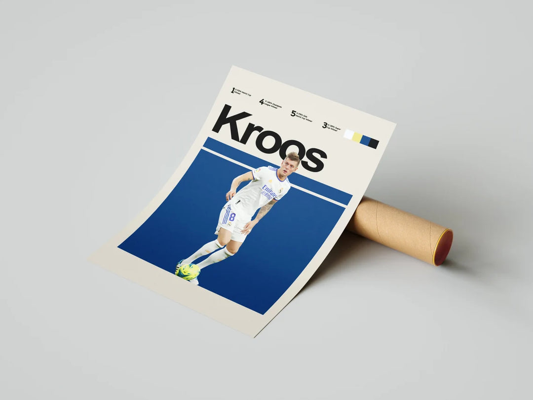 Toni Kroos fodbold plakater | Real Madrid-stjerne i hvid hjemmebanetrøje, klar til at aflevere bolden. Minimalistisk design.