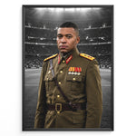 Indlæs billede til gallerivisning Satirisk kunstplakat med Kylian Mbappé i et fiktivt diktator-inspireret militæruniform foran et stadion
