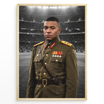 Indlæs billede til gallerivisning Satirisk kunstplakat med Kylian Mbappé i et fiktivt diktator-inspireret militæruniform foran et stadion
