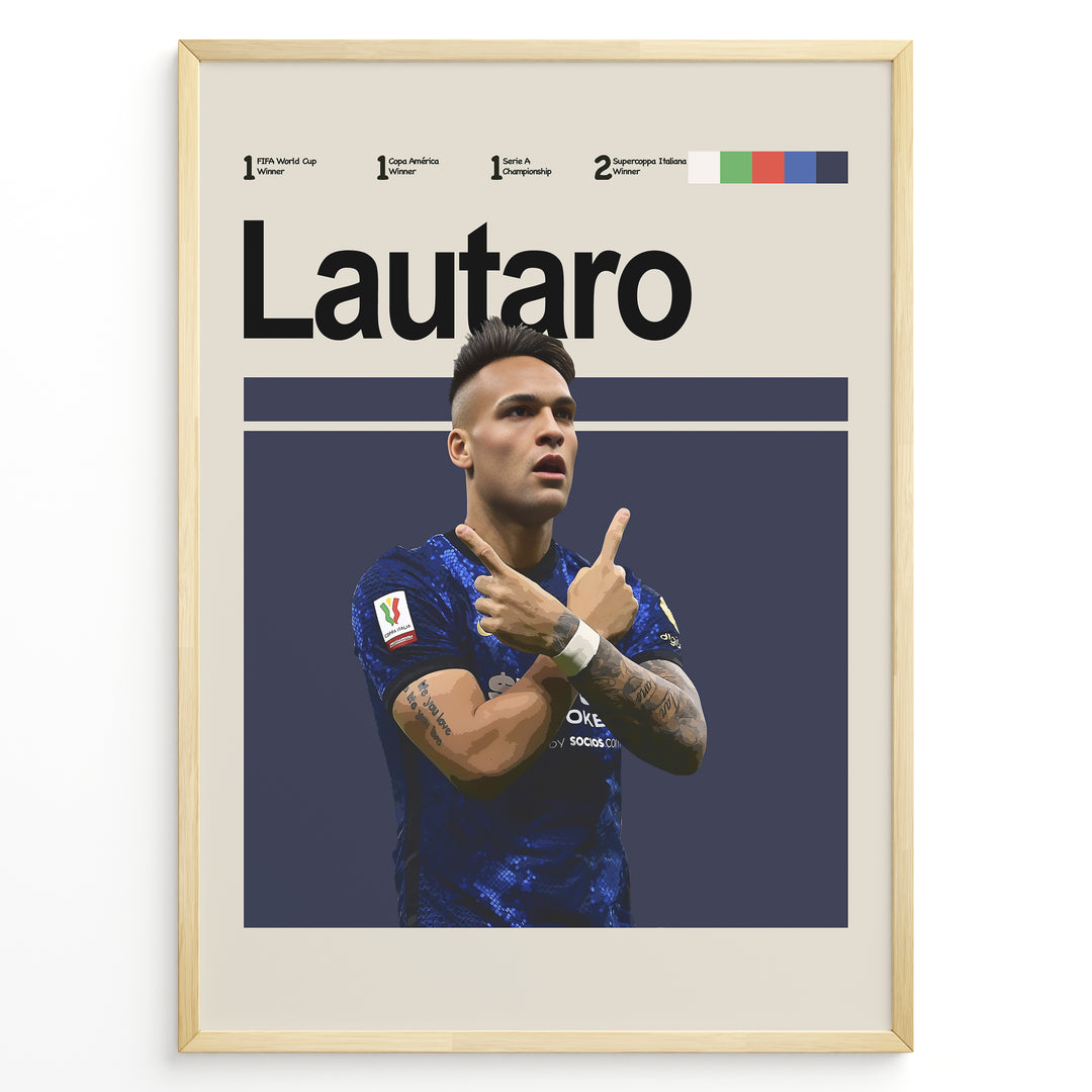 Poster featuring a football player in a blue jersey posing with crossed arms, with bold text at the top and a clean graphic layout, framed as modern sports wall art.