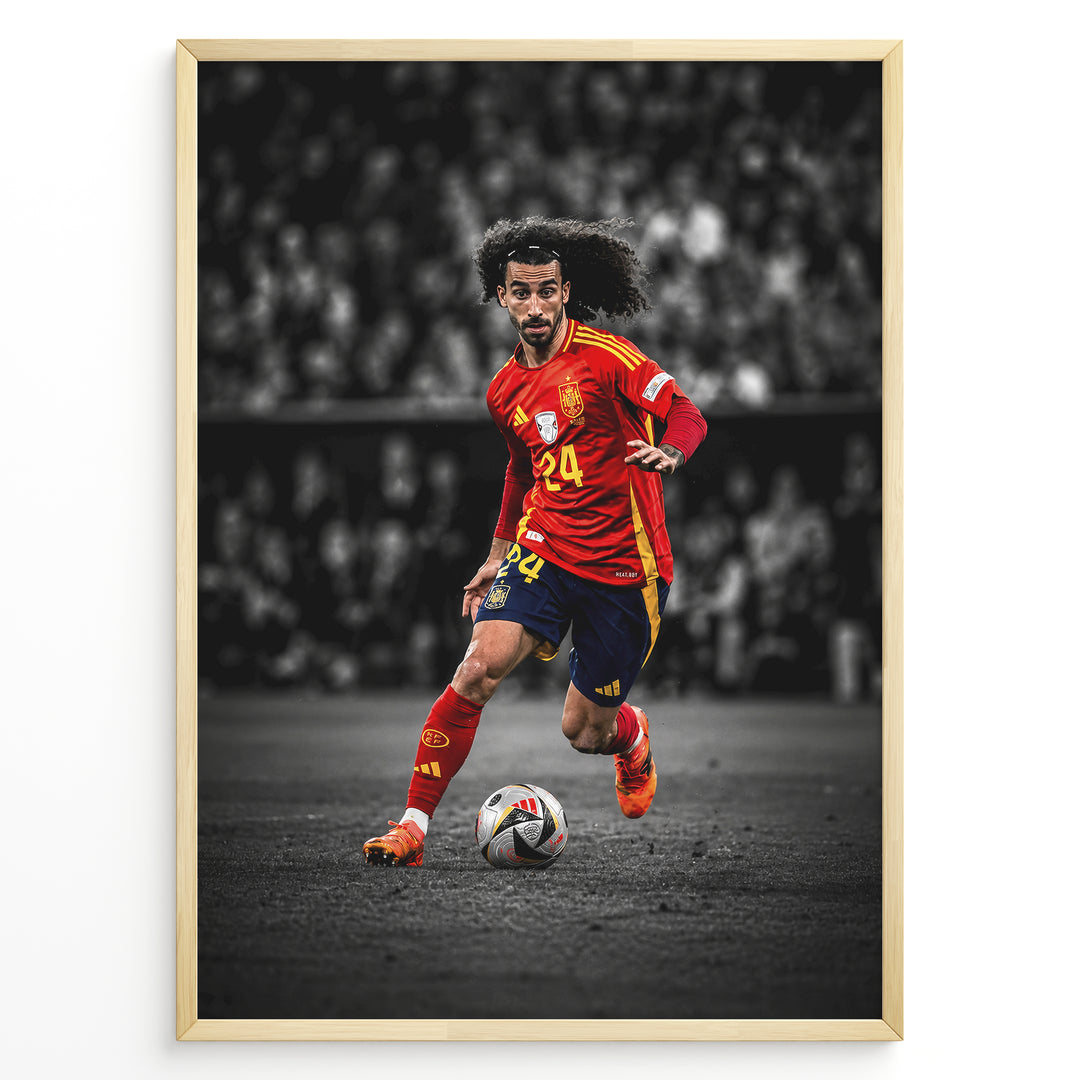 Marc Cucurella plakat i Spaniens landsholdstrøje med moderne sort-hvid baggrund