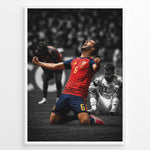 Indlæs billede til gallerivisning Mikel Merino plakat i Spaniens landsholdstrøje med moderne sort-hvid baggrund og jubelscene
