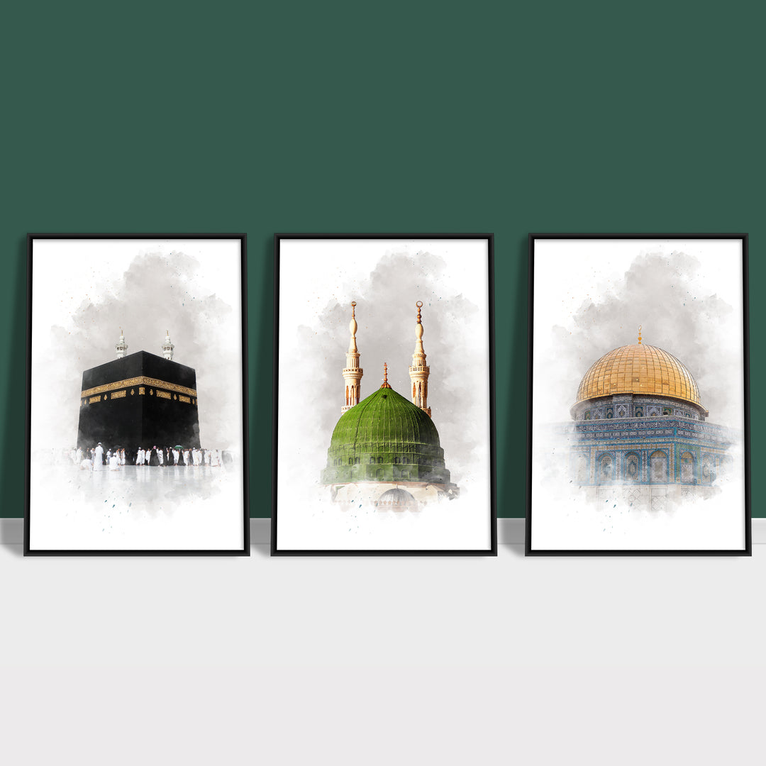 3x Islam Plakater | Kaaba Mecca, Masjid an-Nabawi & Al-Aqsa Mosque Islamisk Plakater